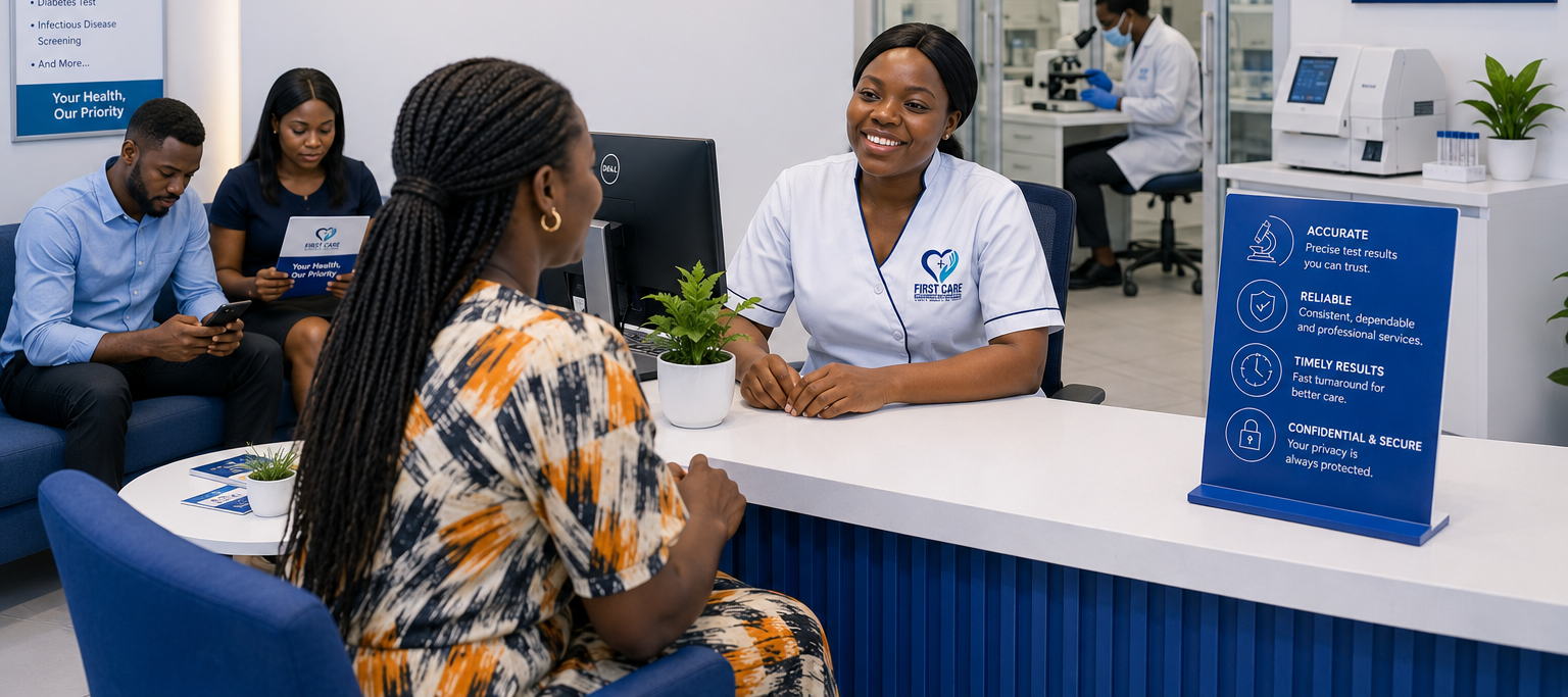 First Care Medical Lab reception area with friendly staff assisting patients